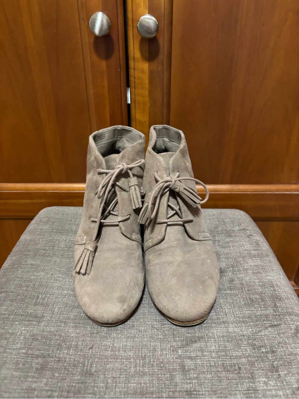 Dr. Scholl's Taupe Suede Lace-Up Ankle Booties with Tassels
